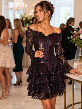 Vintage Lillie Rubin sz 6 80s 90s Black Brown Sequin Cocktail Prom Dress Formal
